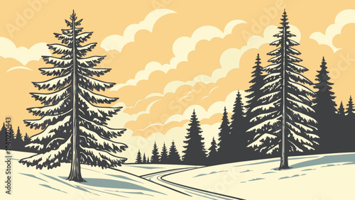 Winter's Serene Forest: A tranquil scene of snow-covered landscape adorned with towering fir trees under a cloudy sky. A winding path invites a journey through the silent, snow-blanketed forest.