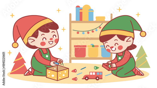 Festive Workshop: Two cheerful elves engrossed in crafting toys, creating a scene of Christmas joy and holiday anticipation.