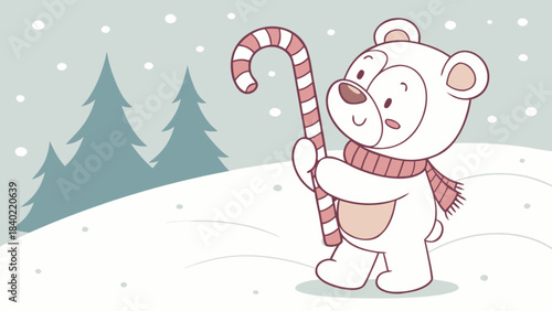 Winter Candy Bear: A cute cartoon bear, donning a festive scarf, joyfully clutches a candy cane amidst a snowy winter scene, capturing the essence of holiday cheer.