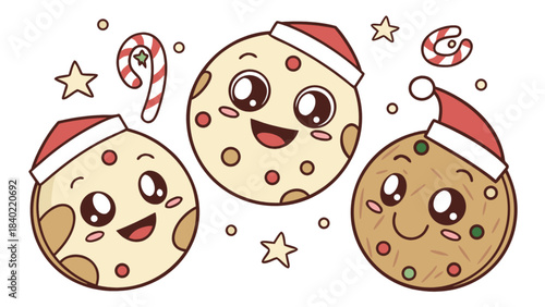 Festive Cookie Trio: A joyful trio of charming cartoon cookies, each adorned with a Santa hat, embodies the sweetness and cheer of the holiday season, complete with candy cane and stars.