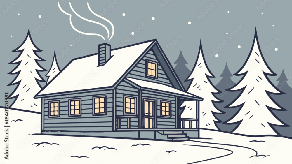 Fototapeta premium Winter Cabin in Serenity: A cozy wooden cabin nestled within a snowy winter landscape, offering a sense of warmth and peace amidst the cold season.