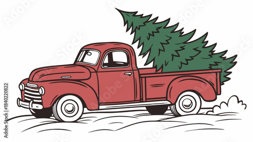 Vintage Truck Bringing a Christmas Tree: A classic red pickup truck, laden with a freshly cut evergreen, cruises through a serene, snowy landscape, representing the heart of the holiday spirit.