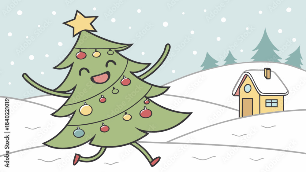 Naklejka premium Dancing Christmas Joy: An animated Christmas tree spreads cheer in a snowy winter wonderland, full of joy and the festive spirit, it's a perfect scene for holiday cards or winter-themed projects.