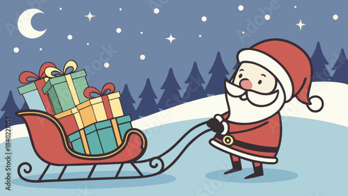Holiday Gift Delivery: A cheerful character, bundled in a festive suit, guides a sleigh overflowing with gifts across a snow-covered landscape under a starlit sky, evoking warmth and joy.