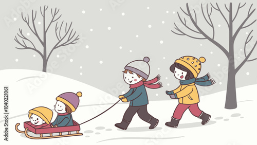 Joyful Winter Expedition: A vibrant illustration depicts a group of children embarking on a winter sledding adventure, creating a scene of childlike wonder and innocent joy in the snowy landscape.