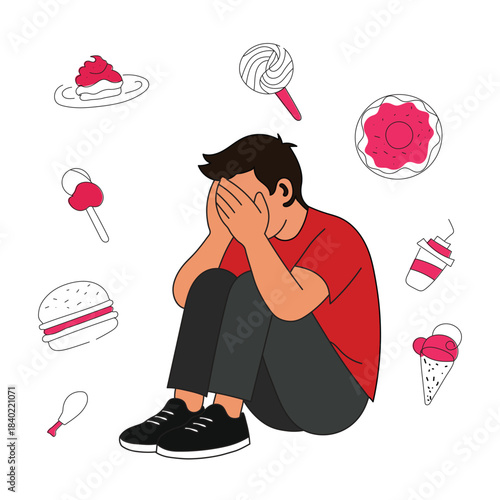Eating disorder concept with distressed man and food cravings