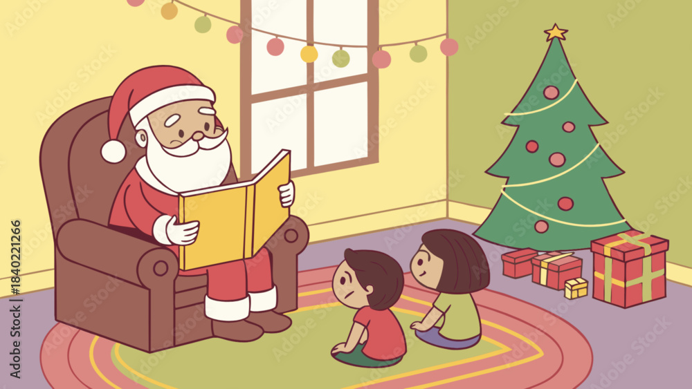 Obraz premium Santa's Storytime: A festive illustration of Santa Claus seated in a cozy chair, reading a story to two captivated children. A Christmas tree, lights.