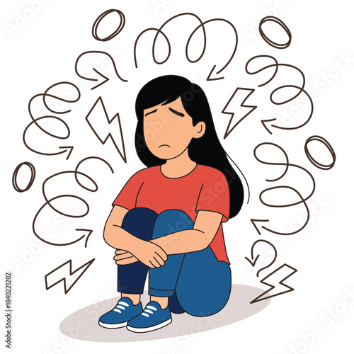 ADHD concept with confused woman surrounded by chaotic symbols