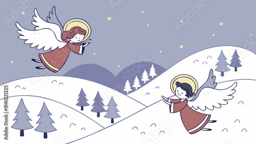 Celestial Messengers: Two angelic figures glide gracefully through a snowy landscape, exuding an aura of peace and serenity. Delicate illustrations set against a starlit sky.