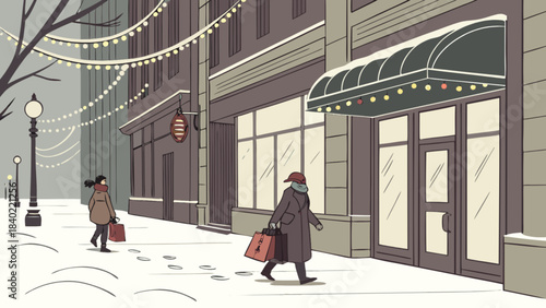 Winter Shopping in City: Two figures traverse a snow-dusted city street, passing shops adorned with festive lights, embodying the quiet charm of urban life during the winter season.