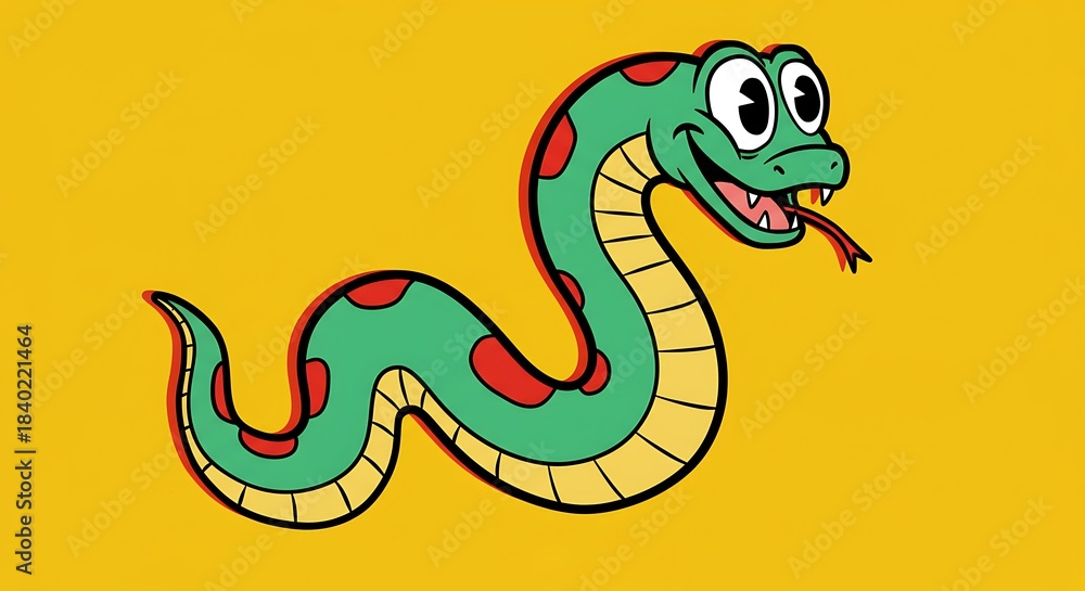 Fototapeta premium Cartoon Snake with Red Spots on Yellow Background.