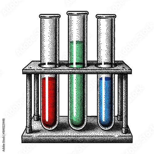 three test tubes filled with red, green, and blue liquids in a laboratory setting, retro halftone stipple effect style science illustration