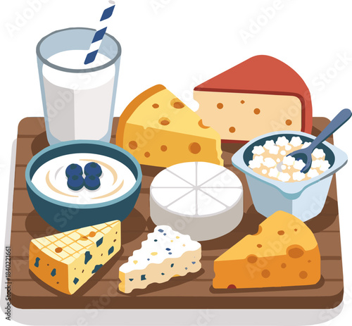 Create a kinds of deferent realistic healthy assortment of fresh dairy products like milk, various cheeses, and creamy yogurt is presented on a wooden board .vector art with white background.