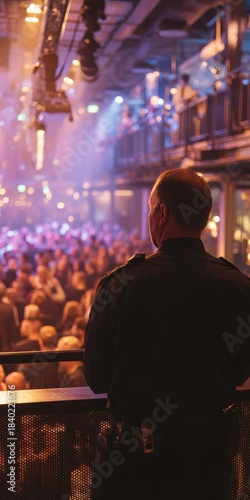 Security guard overseeing crowd from balcony at music event