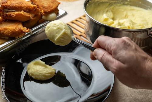 Tableau sur toile Cheese in breadcrumbs with smashed potato
