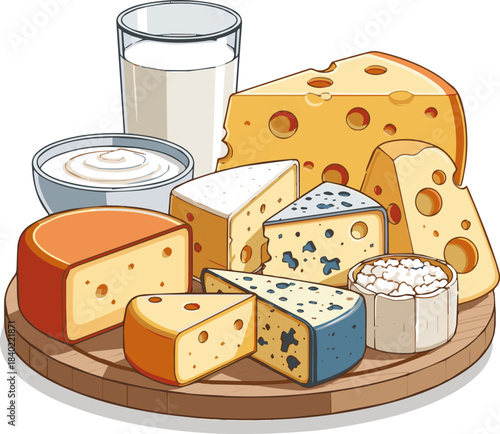 Create a kinds of deferent realistic healthy assortment of fresh dairy products like milk, various cheeses, and creamy yogurt is presented on a wooden board .vector art with white background.