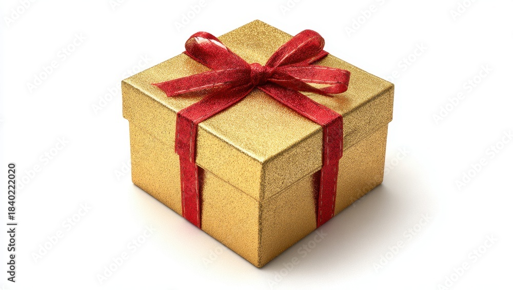 Obraz premium Elegant gold gift box with a textured surface, adorned with a plush red satin ribbon and bow, on a clean light background