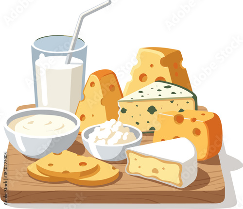 Create a kinds of deferent realistic healthy assortment of fresh dairy products like milk, various cheeses, and creamy yogurt is presented on a wooden board .vector art with white background.