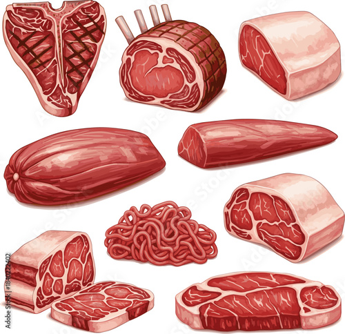 Create a kinds of deferent realistic Meat beef vector art with white background..