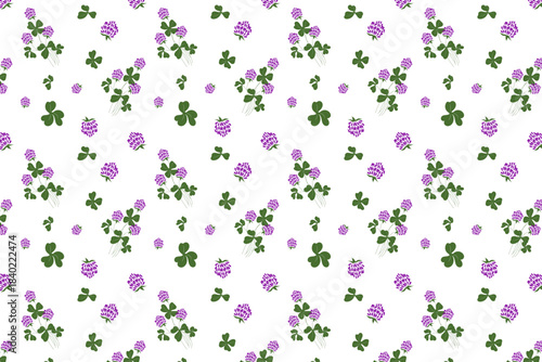 A delicate seamless pattern with tiny purple flowers and green clover leaves on a white background. Perfect for spring, vintage, or feminine design projects.