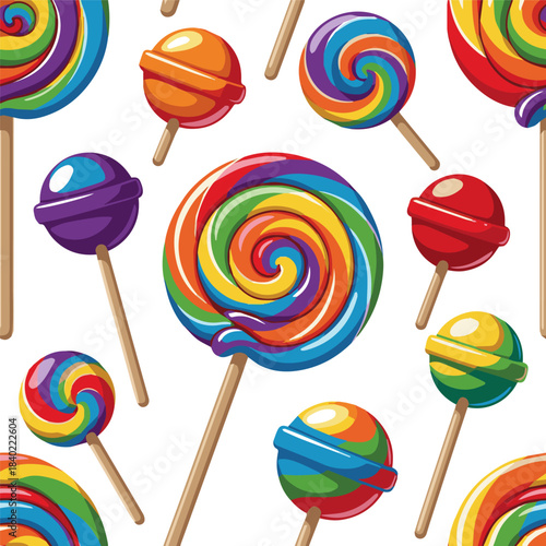 Create a kinds of deferent realistic Rainbow swirl lollipop vector art with white background.