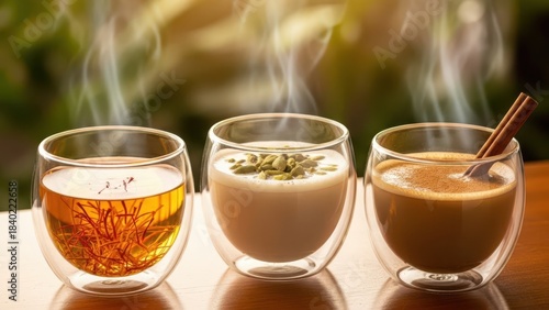 Fototapeta Naklejka Na Ścianę i Meble -  Three steaming hot beverages in clear glass cups on a wooden surface with a soft, natural green background, featuring saffron tea, a creamy drink with pistachios, and a spiced chai latte with a cinnam