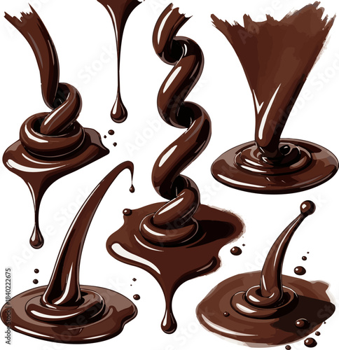 Create a kinds of deferent realistic Rich dark chocolate sauce pours and pools, creating a delicious texture image is perfectly culinary designs.. vector art with white background.