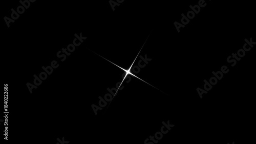 Sparkling single star twinkle glitter white cartoon doodle animation, flat vector blinking shining light twinkling effect glowing on transparent black screen background, starry sky festive overlay. 4K