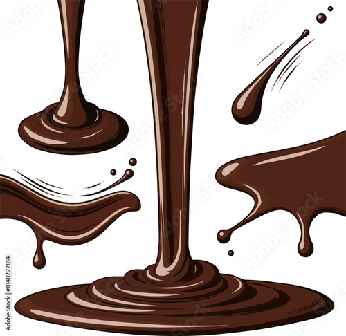 Create a kinds of deferent realistic Rich dark chocolate sauce pours and pools, creating a delicious texture image is perfectly culinary designs.. vector art with white background.