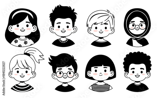 Friendly diverse kid avatars in a clean black and white style. Perfect for educational materials, apps, classroom projects, branding, social profiles and child focused creative designs.