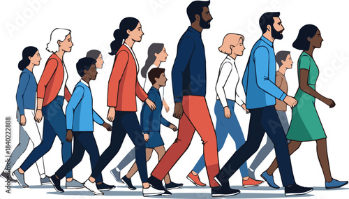 Create a kinds of diverse group of people walking vector art with background.