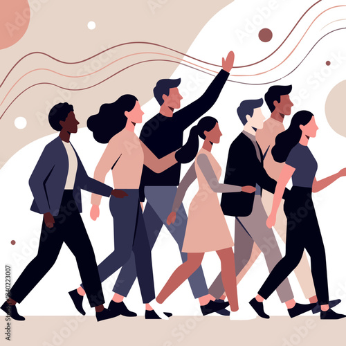 Create a kinds of diverse group of people walking vector art with background.