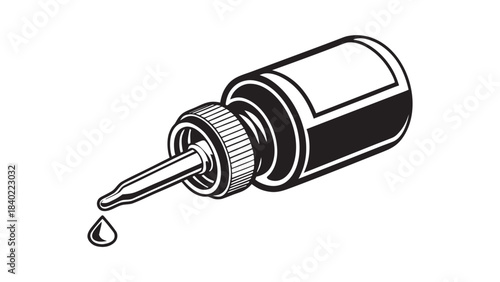 Close up of a dropper bottle with a drop of liquid falling from its tip