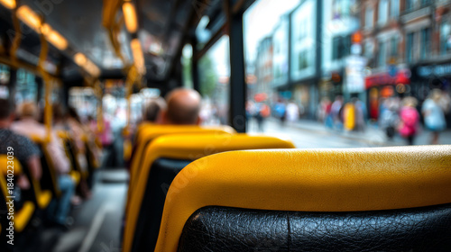 A bus interior with yellow cushioned seats and black textured backrests, showing passengers seated and a blurred view of city street outside through large windows