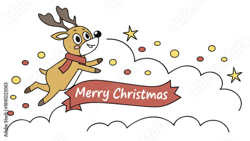 Whimsical Christmas Deer: A jovial cartoon deer, adorned with a festive scarf, merrily leaps across a whimsical scene, carrying a banner of Christmas cheer.