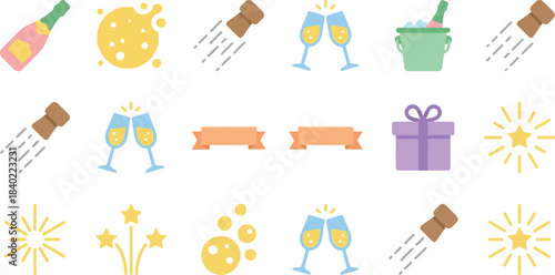 Collection of festive celebration icons including champagne bottles glasses fireworks gift boxes and confetti for parties and holidays