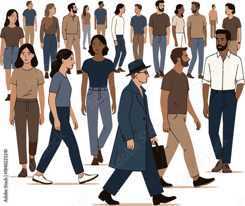 Create a kinds of diverse group of people walking vector art with background.