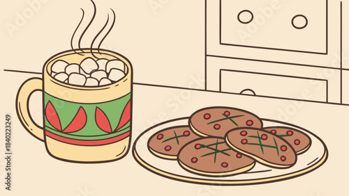 Cozy Delights: A warm mug of hot cocoa, overflowing with marshmallows, sits invitingly beside a plate of delectable cookies, evoking a sense of comfort and home