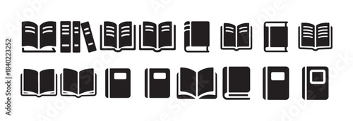 Black Book Icon Collection. Open Book, Notebook, Stack of Books icon. Vector illustration eps 10