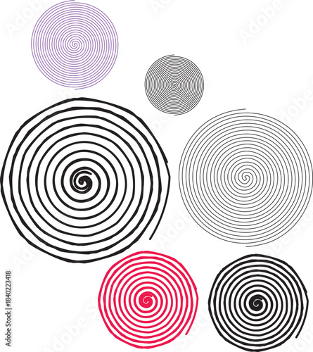 Collection of abstract spiral shapes graphic design elements in various colors and line weights isolated on white background