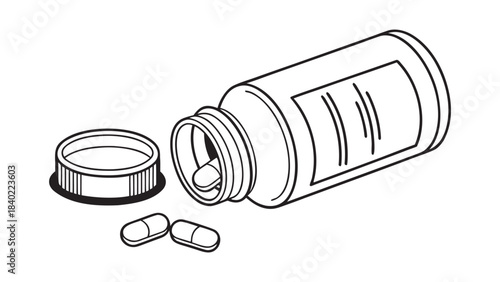 Hand drawn illustration of an open pill bottle with two tablets spilled onto a white background