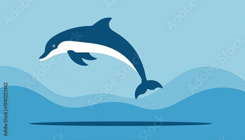 A vibrant graphic illustration of a blue dolphin leaping joyfully from the ocean waves