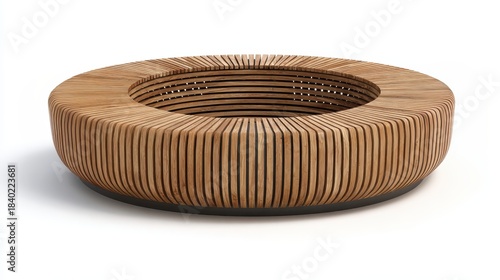 Modern circular wooden bench design for public parks and outdoor urban spaces, creating communal seating areas and contemporary street furniture architecture