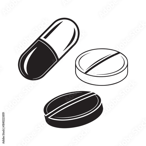Illustration of a capsule and two different types of pills on a white background