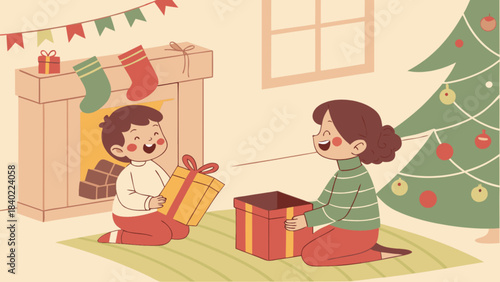 Holiday Cheer and Gift Giving: Two children happily exchange gifts, nestled in a cozy living room decorated for a festive holiday season, near a Christmas tree.