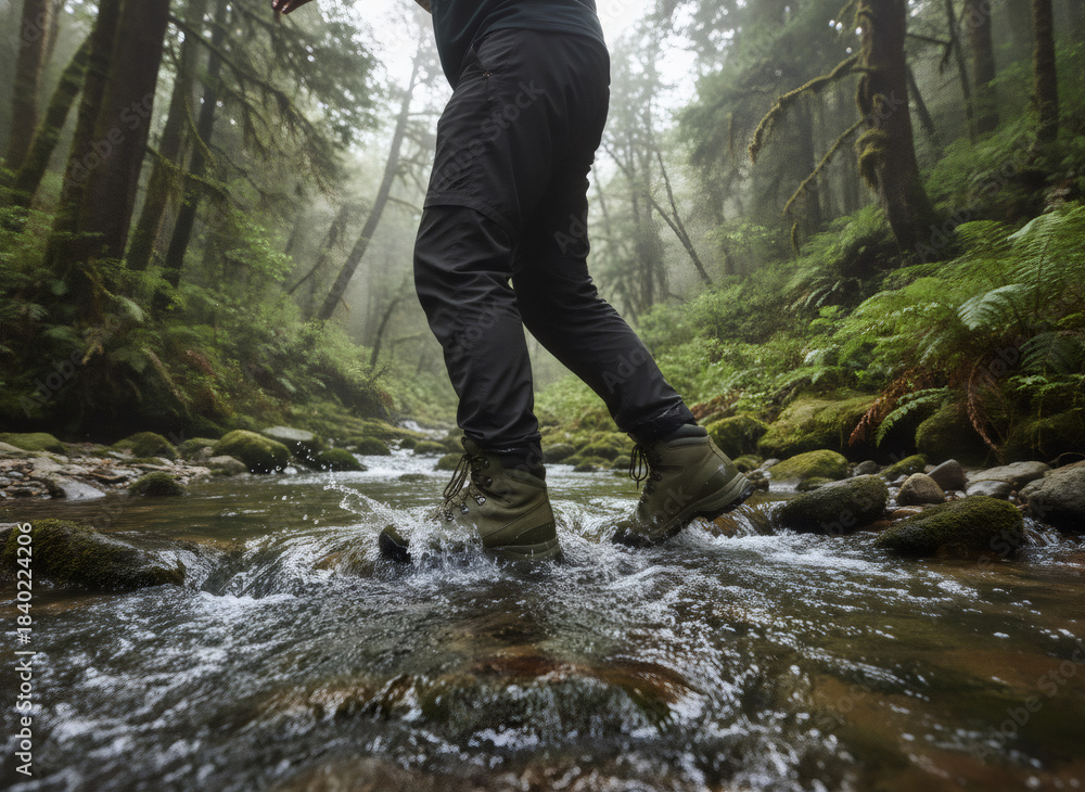 Fototapeta premium Man in hiking boot crossing river with splashing water in green forest. Adventure travel in nature concept with focus on footwear and outdoor activity.