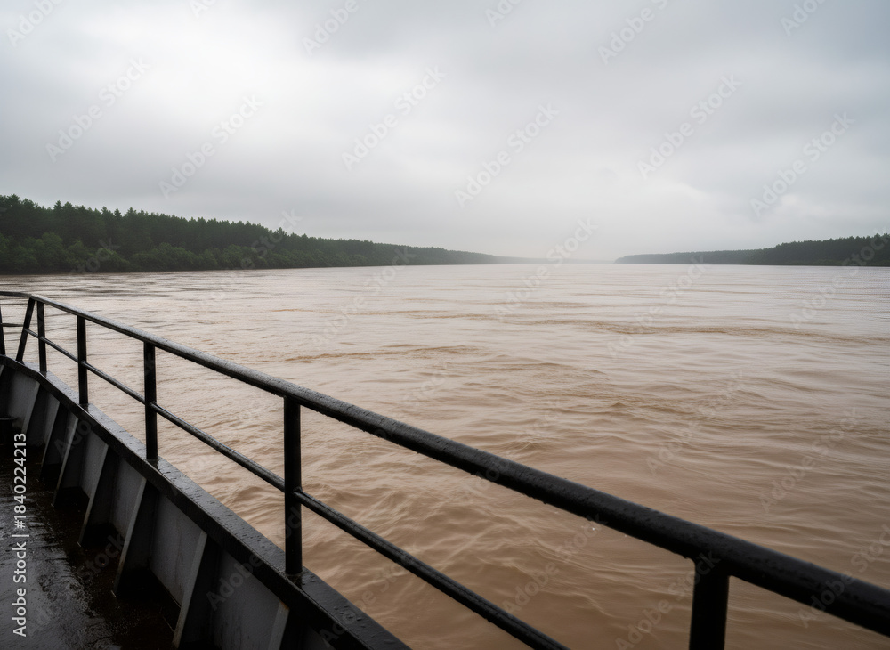 Naklejka premium View from a boat on a wide muddy river with forest on distant banks under a cloudy sky. Travel and nature concept.
