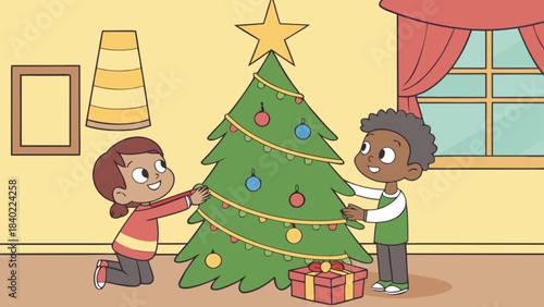 Christmas Tree Decorating: Two children, full of festive cheer, come together to decorate the christmas tree. Capturing the joy of holidays, family time, and anticipation of gift.
