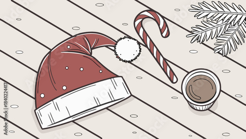 Christmas Festive Still Life: A charming composition featuring a Santa hat, a festive candy cane, and a cup of warm coffee on a wooden surface, embodying the warmth of the holiday season.