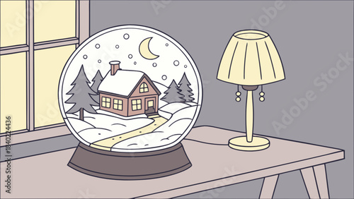 Dreamy Winter Scene: A charming illustration showcases a snow globe with a cozy house nestled amongst snowy trees and a winding path, resting on a table beside a warm lamp.